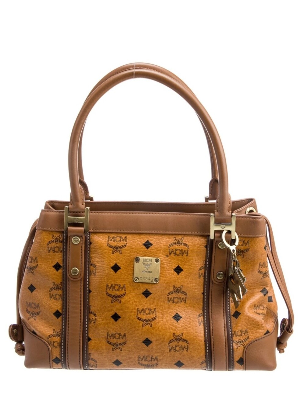 MCM Visetos Cognac Leather Top Handle Bag